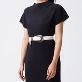 Textured white woven belt with gold buckle.